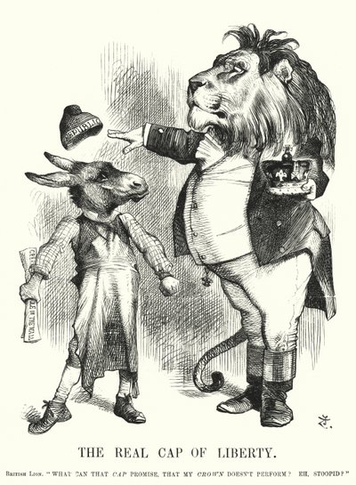 Soco cartoon: The Real Cap of Liberty - a superioridade da monarquia constitucional britânica sobre o republicanismo (gravura) de John (after) Tenniel