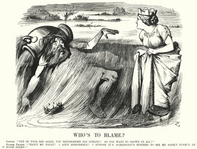 Soco cartoon: Quem é o culpado? - chamadas para tomar medidas para evitar a inundação do Tamisa em Londres (gravura) de John (after) Tenniel