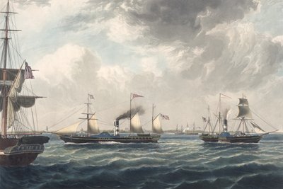 Os navios a vapor "Vivid" e "Waterwitch" ao largo de Orfordness, gravado por R. G. Reeve (água-tinta colorida) de John (after) Ward