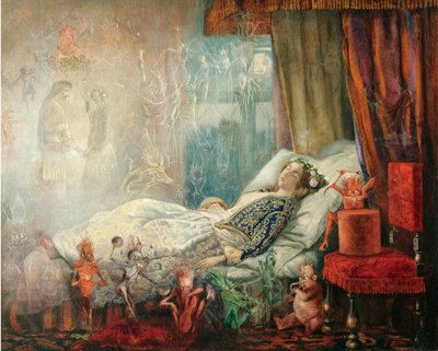 "Le reve apres le bal masque" (O sonho depois da bola mascarada) Peinture de John Anster Fitzgerald (1832-1906), - Óleo sobre tela, 35,5x44,5 - Colecção Privada de John Anster Fitzgerald