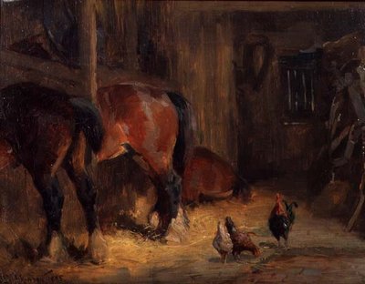 Um Interior Estável com Cavalos e Galinhas de John Atkinson