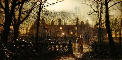 Cena iluminada pelo luar com duas figuras (óleo no painel) de John Atkinson Grimshaw