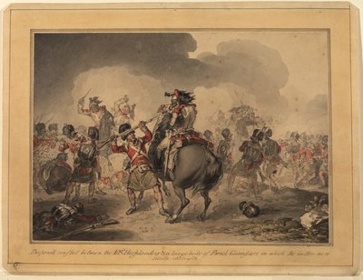 42 Highlanders em Waterloo, 1815 (caneta e tinta wc no papel) de John Augustus Atkinson