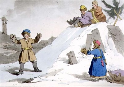 Crianças descendo um monte de gelo, placa 38 do Volume II de "Os modos, costumes e diversões dos russos", gravada pelo artista, pub. 1804 (aquatint) de John Augustus Atkinson