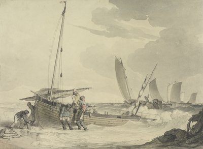 Pescador colocando para o mar, c.1810 (wc com caneta e tinta no papel) de John Augustus Atkinson