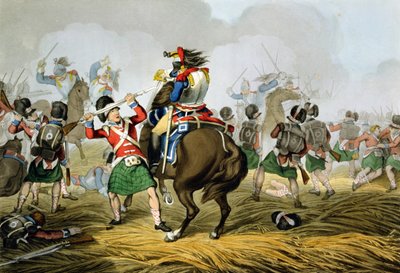 Couraceiros franceses na batalha de Waterloo, carregados e derrotados pelos escoceses e por cinzas escoceses, gravados por Matthew Dubourg (fl.1813-20) &39;das histórias, das anedotas históricas, militares e navais, bar. tchau de John Augustus Atkinson