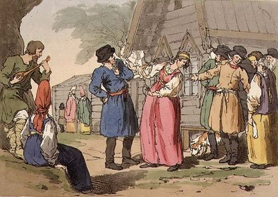 Golubtza, placa 86 do Volume III de "The Manners, Customs and Amusements of the Russians", gravada pelo artista, pub. 1804 (aquatint) de John Augustus Atkinson