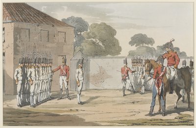 Soldiers Drilling, 1807 (aquatinta colorido com gravura em terra macia) de John Augustus Atkinson