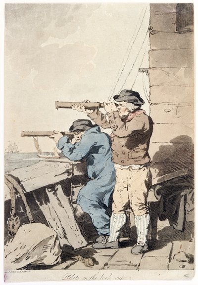Dois pilotos em vigilância, cada um com o seu próprio telescópio (visão de longo alcance), apontados para o mar, a partir da plataforma de um edifício fortificado de John Augustus Atkinson
