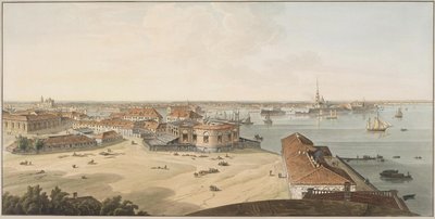 Vista para o espeto da ilha Vasilyevsky e da fortaleza de Pedro e Paulo, entre 1802 e 1805 de John Augustus Atkinson