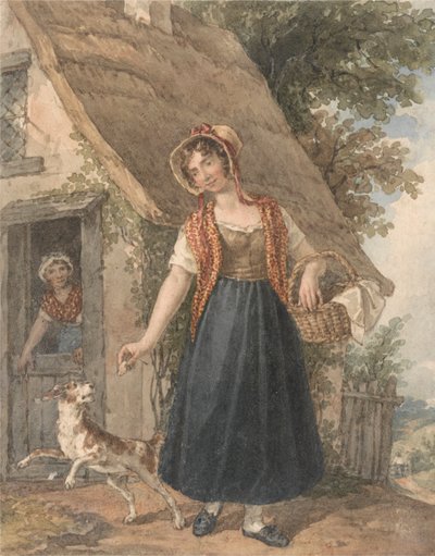 Jovem mulher com cão fora de uma porta de casa de campo de John Augustus Atkinson
