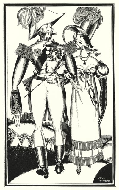 Ilustração para Don Juan por Lord Byron: Medalhas, Rank, Ribbands, Lace, Bordado, Scarlet (litho) de John Austen