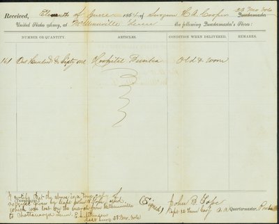 Cópia contemporânea do recibo das lojas do Quartermaster, original assinado por John B. Tope, Capitão, 12ª Cavalaria do Tennessee, 11 de junho de 1864 de John B. Tope