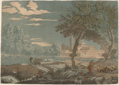 Paisagem heróica com carroça e pastor de cabras, com San Giorgio Maggiore ao fundo de John Baptist Jackson after Marco Ricci