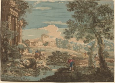 Paisagem heróica com pescadores, vacas e cavaleiros de John Baptist Jackson after Marco Ricci