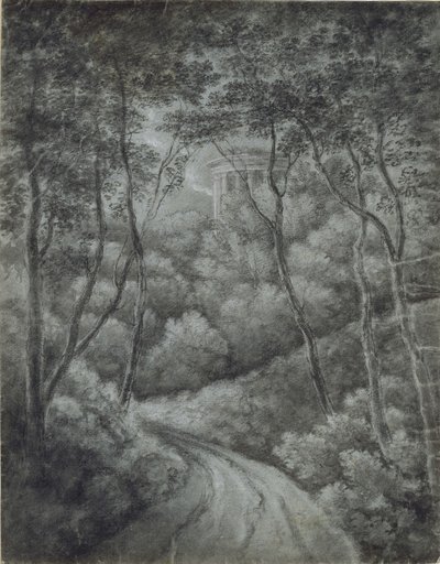 Paisagem, com, um, caminho, através, um, floresta, e, um, clássicas, templo, (soft, grafite, e, branca, giz, ligado, azul, paper) de John Baptist Malchair
