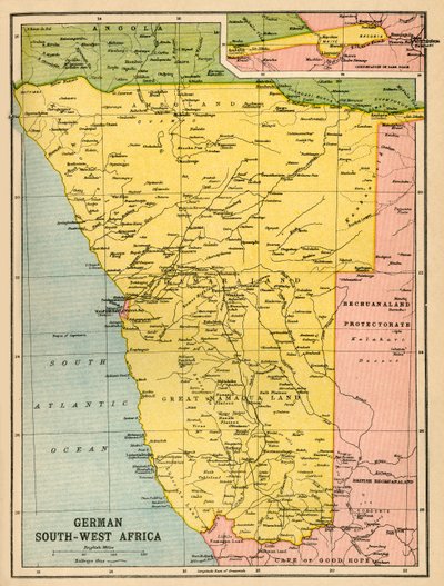 Mapa do sul da África ocidental alemã, primeira guerra mundial, c1920. de John Bartholomew and Son