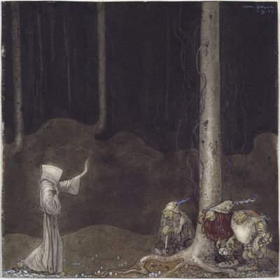 Frere Martin et les trois trolls - Irmão Martin e Three Trolls, de Bauer, John (1882-1918). Aquarela sobre papel de John Bauer