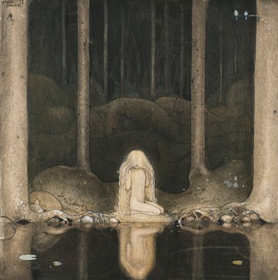 A princesa Tuvstarr ainda está sentada lá, olhando melancolicamente para a água, 1913 de John Bauer