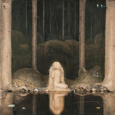 Princesa Tuvstarr olhando para a água do lago com nostalgia de John Bauer