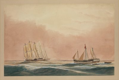 O "Futty Satam" a ser rebocado para a Maurícia pelo barque "Otter" e o navio "City of Poona" 1851, c.1851 (aguarela) de John Becket Hodgson
