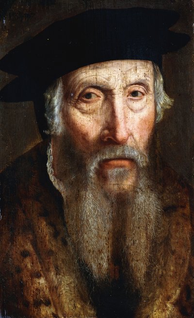 Retrato, de, um, homem barbudo, comprimento busto, em, um, casaco aparado pele, e, chapéu preto, c.1547 de John Bettes