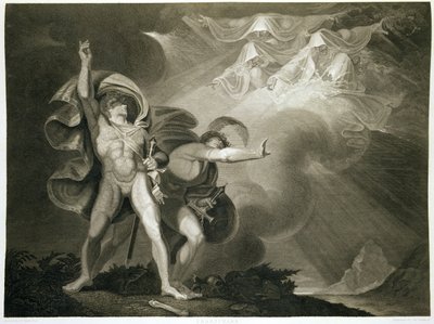 Macbeth, Banquo e as três bruxas no Heath no ato I, cena III de Macbeth por William Shakespeare (1564-1616) publicado em 1805 de John Boydell
