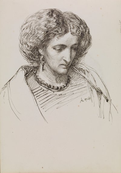 Esboço de retrato de cabeça e ombros de uma mulher com os olhos baixos de John Brett