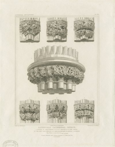 Interior da Catedral de Lichfield - Pilar Cluster na Casa do Capítulo e Parênteses na Capela da Senhora: gravura, nd [c 1819] (imprimir) de John Britton