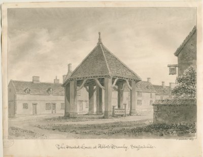 Abbots Bromley - Market House and Stocks: desenho sépia, 1839 de John Buckler