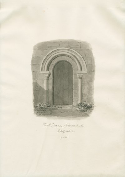 Igreja de Alrewas - Porta Norte: desenho sépia de John Buckler
