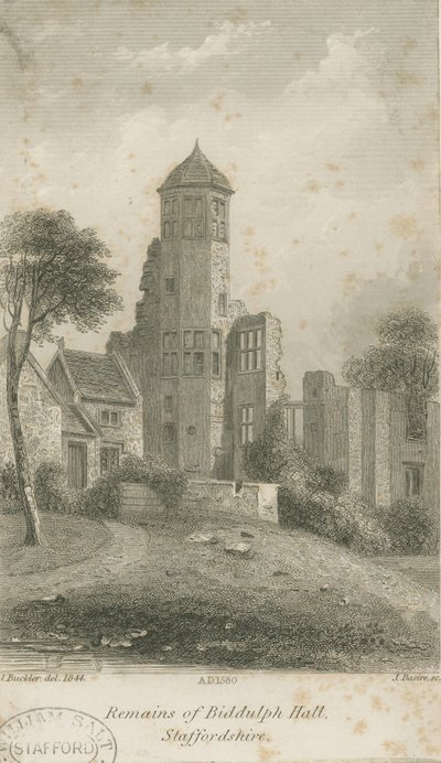 Biddulph Hall (antigo): gravação em aço de John Buckler