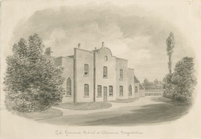 Brewood Grammar School: desenho em sépia, sd [c 1842] (desenho) de John Buckler