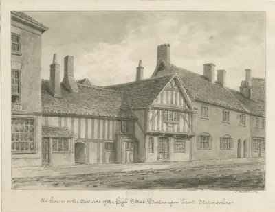 Burton-upon-Trent - Old Houses on High Street: desenho em sépia de John Buckler
