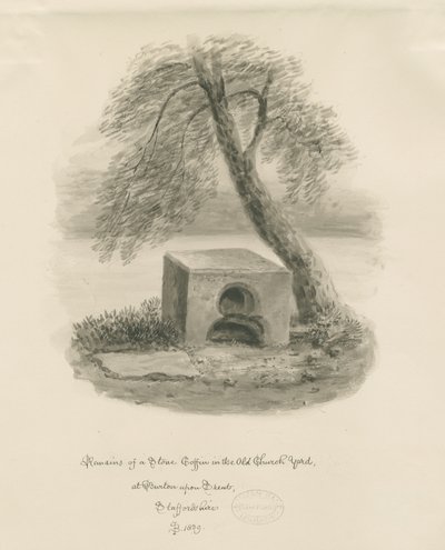Burton-upon-Trent - Caixão de pedra no antigo adro da igreja: desenho sépia de John Buckler