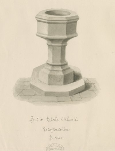 Igreja Font Stoke-upon-Trent: desenho em sépia de John Buckler
