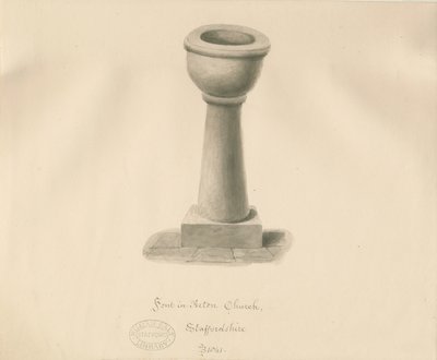 Fonte na Igreja Acton Trussell: desenho em sépia, 1841 de John Buckler