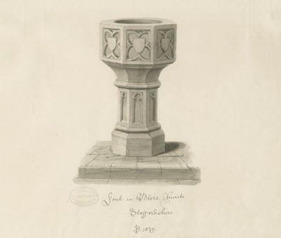 Fonte na igreja de Blore: desenho em sépia, 1839 de John Buckler