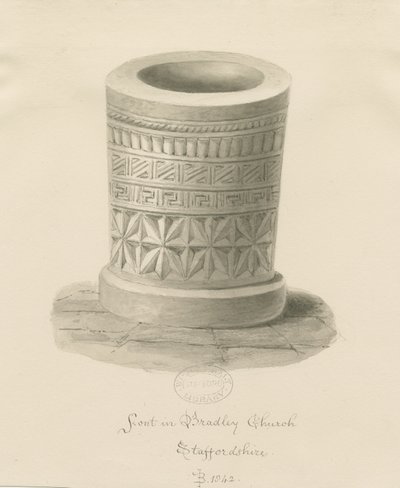 Fonte na Igreja de Bradley: desenho em sépia, 1842 de John Buckler