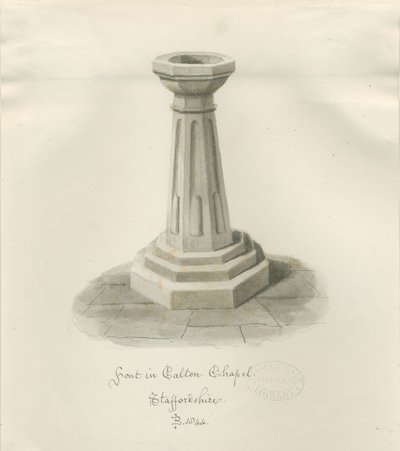 Font in Calton Chapel - Now &39;St. Igreja de Maria &39;: desenho em sépia de John Buckler