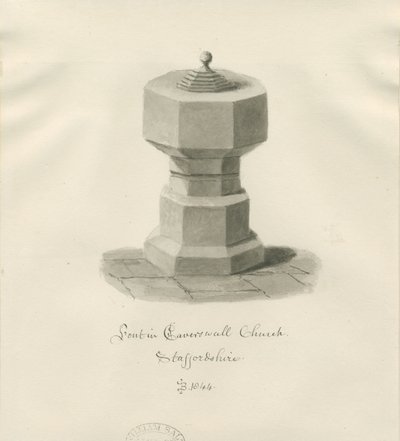Fonte na Igreja Caverswall: desenho sépia de John Buckler