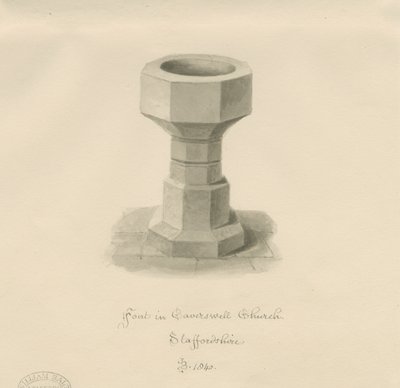 Fonte na Igreja Caverswall: desenho em sépia, 1840 de John Buckler