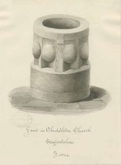Fonte na Igreja Cheddleton: desenho sépia, 1844 de John Buckler
