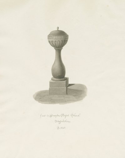 Fonte na Igreja Drayton Bassett: desenho em sépia, 1848 de John Buckler