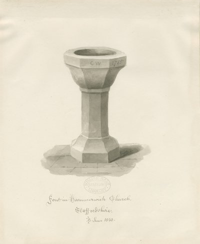 Fonte na Igreja de Hammerwich: desenho em sépia, junho de 1843 (desenho) de John Buckler