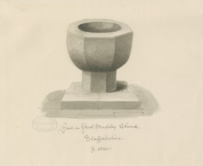 Fonte em Madeley Church: desenho sépia de John Buckler