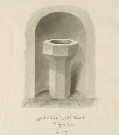 Fonte na Igreja Marchington: desenho de lavagem sépia de John Buckler