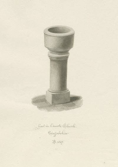 Fonte na Igreja Onecote: desenho sépia, 1847 de John Buckler