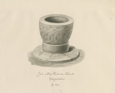 Fonte em Igreja Pipe Ridware: desenho sépia de John Buckler