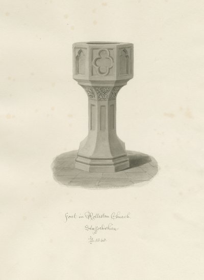 Fonte na Igreja de Rolleston: desenho sépia, 1848 de John Buckler